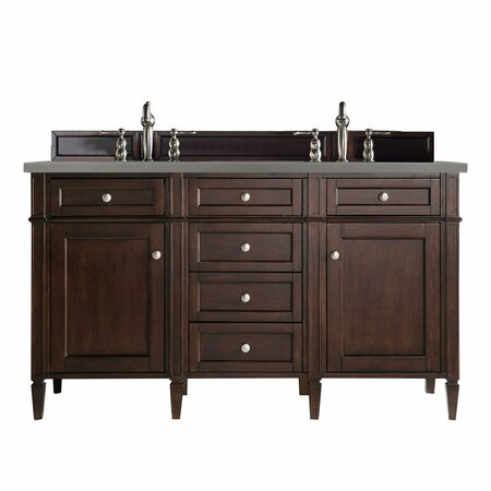 JAMES MARTIN VANITIES Brittany 60in Double Vanity, Burnished Mahogany w/ 3 CM Grey Expo Quartz Top 650-V60D-BNM-3GEX